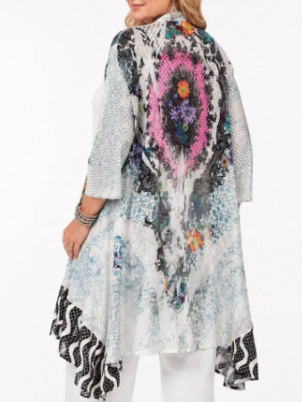 Kamana Patchwork Mesh Open Front Kimono Cardigan XL Boho Duster Floral Artsy XL